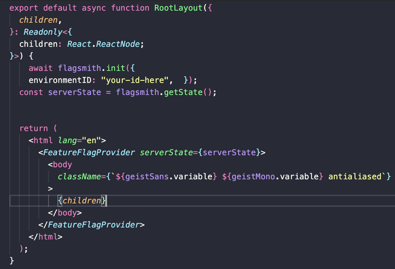Code snippet showing an async React function 'RootLayout' initializing flagsmith and rendering a FeatureFlagProvider.
