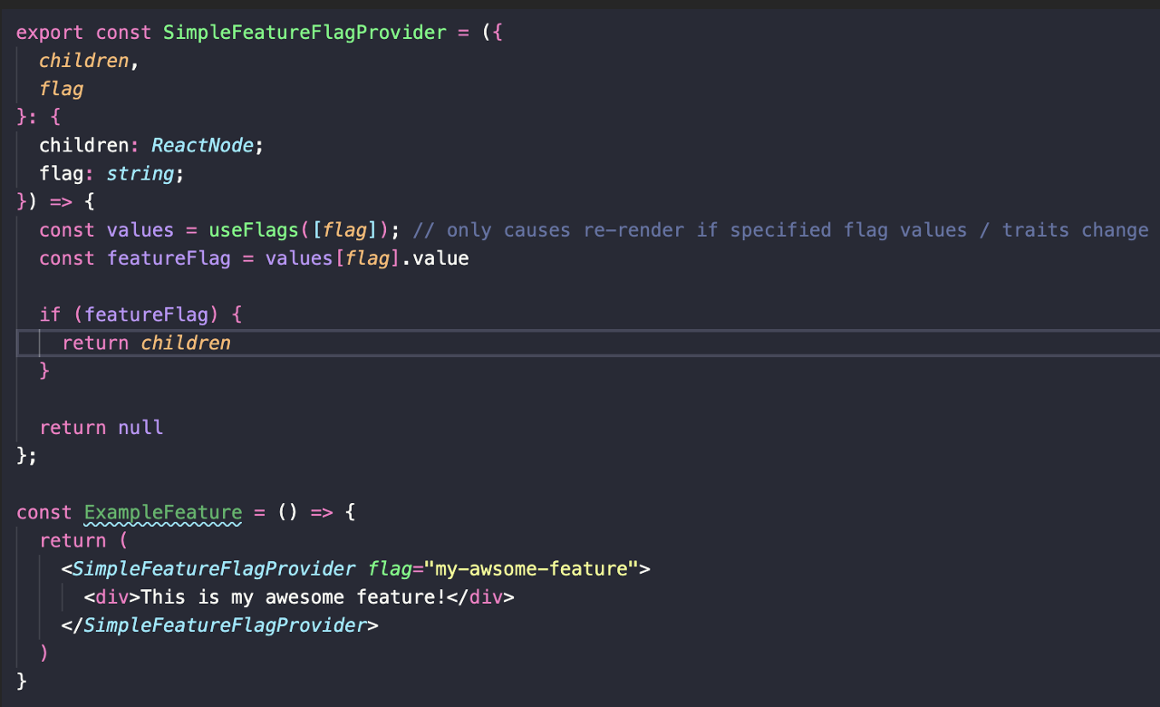 Code snippet showcasing a React component that conditionally renders children based on a feature flag value.