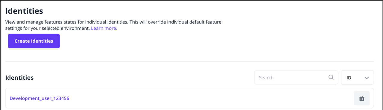 Flagsmith 'Identities' tab